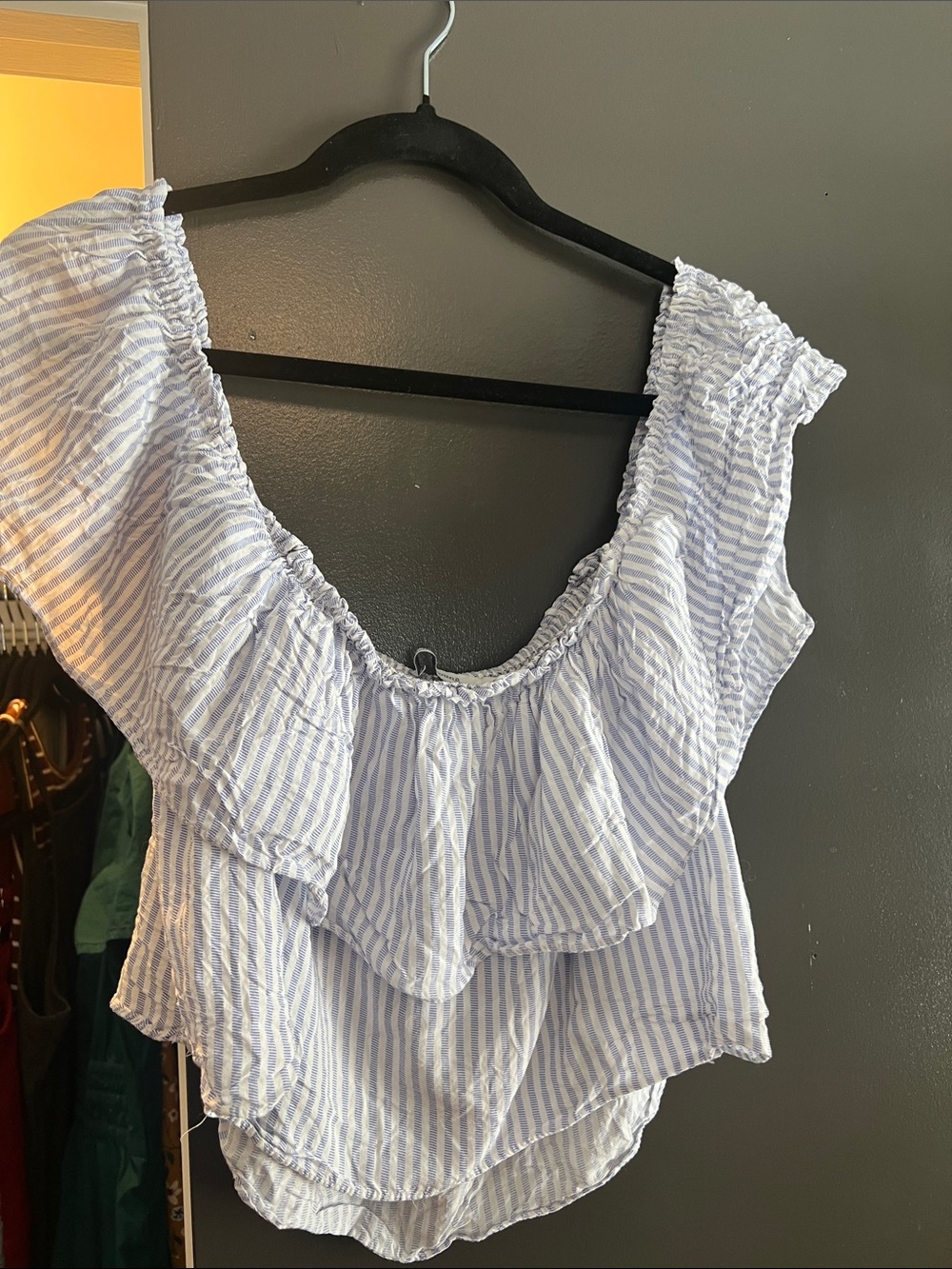 Bishop + Young Blue & White Striped Off-the-Shoulder Ruffle Top